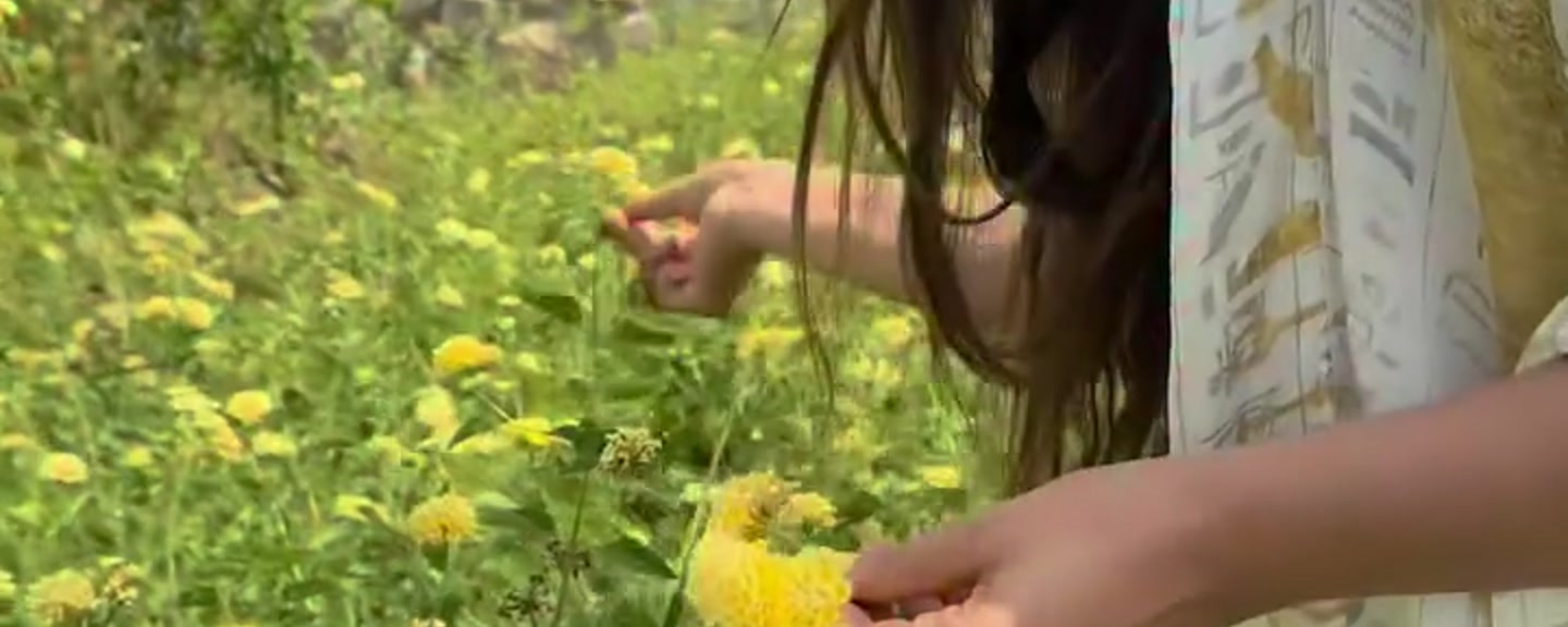 Mana holding yellow flowers in a garden