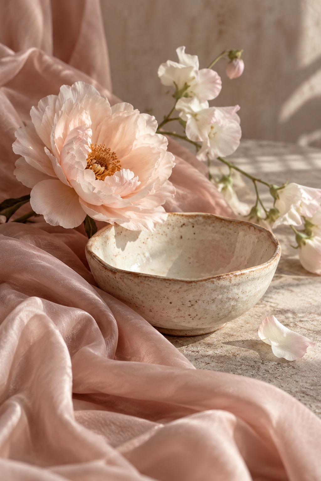 Soft pink fabric, flowers and a ceramic bowl