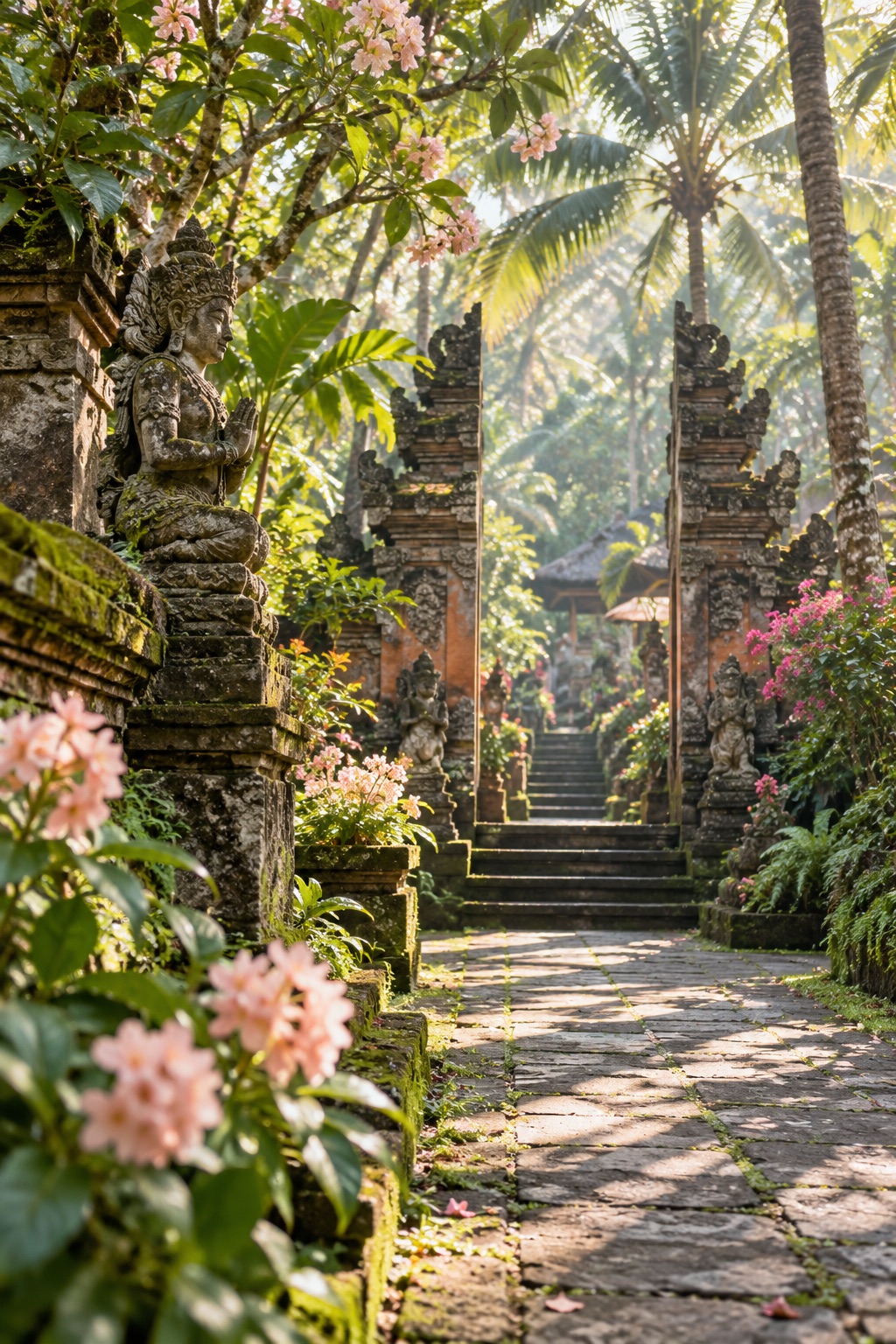 Sunlit tropical garden path — editorial artwork